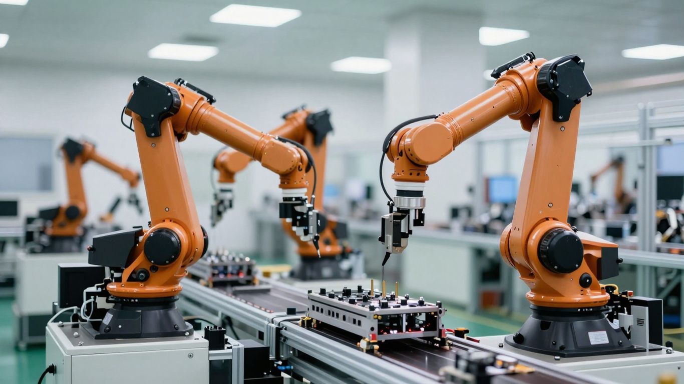 Moderne Fabrik mit Roboterarmen und Produktionslinie