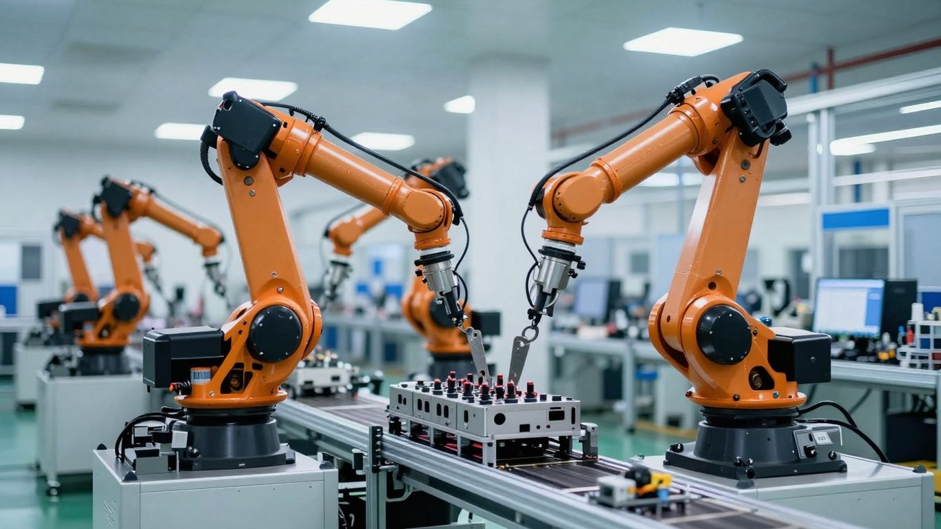 Moderne Fabrik mit Robotern und fortschrittlicher Fertigungstechnik.