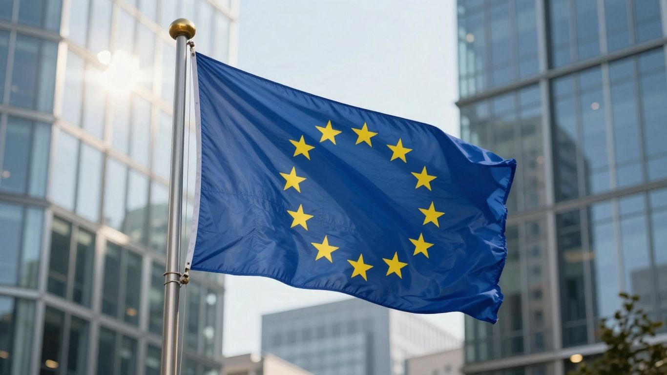 EU Flagge über modernen Gebäuden für Unternehmenswachstum