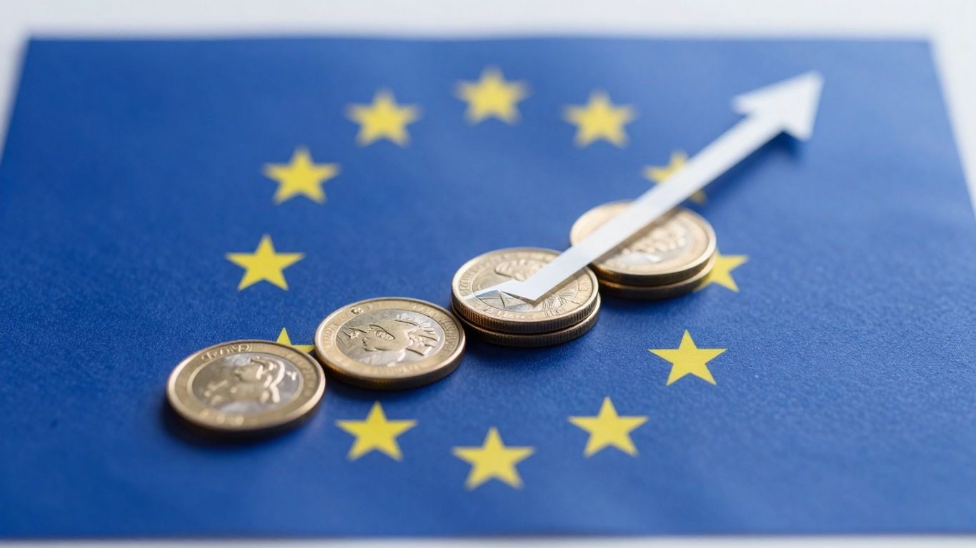 EU Flagge mit goldenen Münzen und Aufwärtstrend