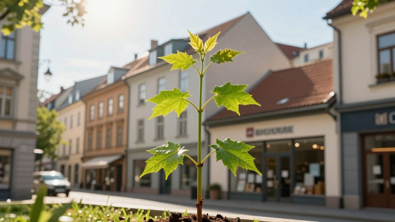 Grüner Spross wächst aus europäischem KMU-Gebäude