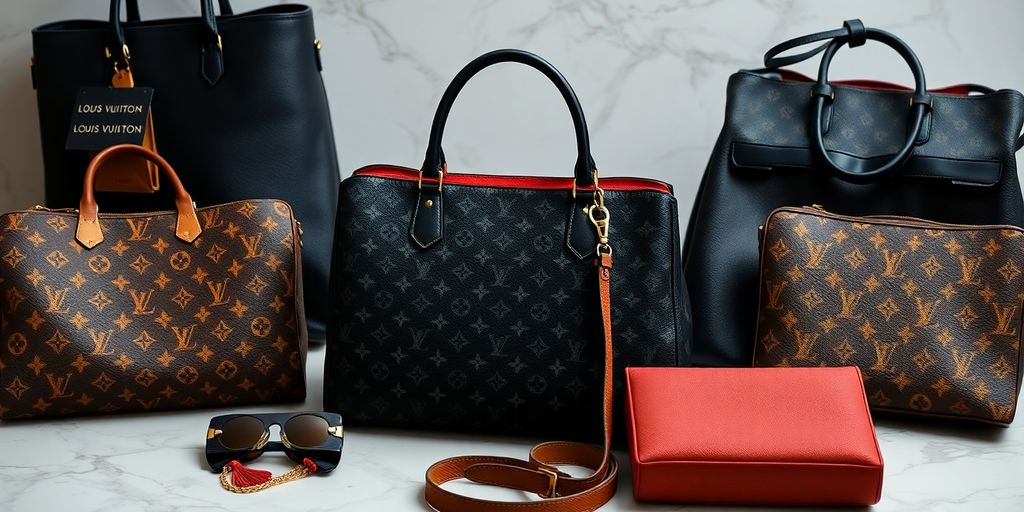 Luxuriöse Handtaschen auf einem Marmor-Tisch arrangiert.