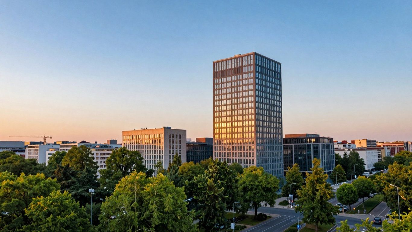 Europäische Stadtlandschaft mit grünen Bäumen und moderner Architektur.