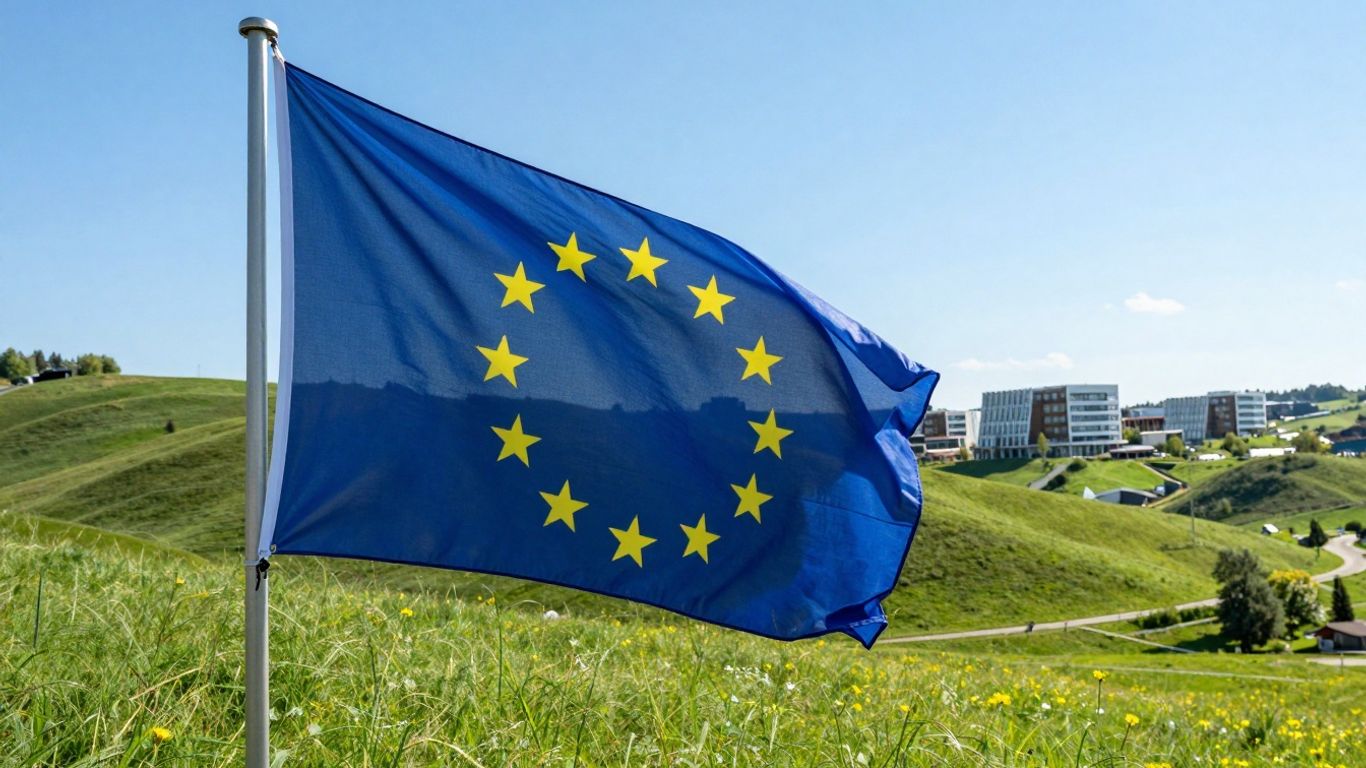 EU-Flagge über grüner Landschaft mit nachhaltiger Architektur.