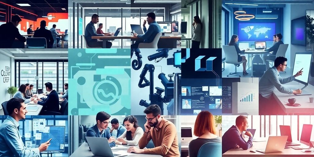 Diverse Unternehmer in modernen Büros bei der Arbeit.