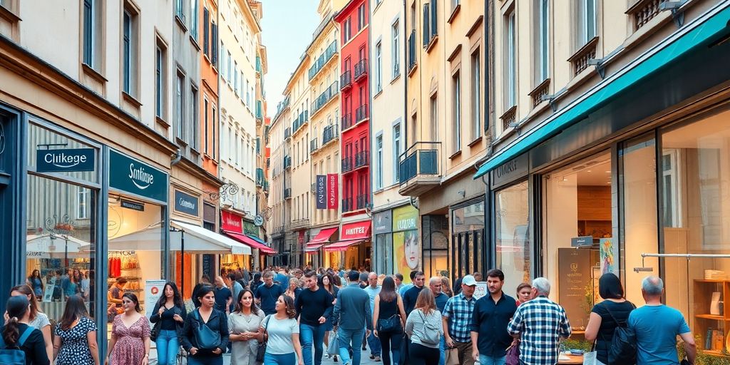 Belebte Einkaufsstraße in Europa mit modernen Geschäften.