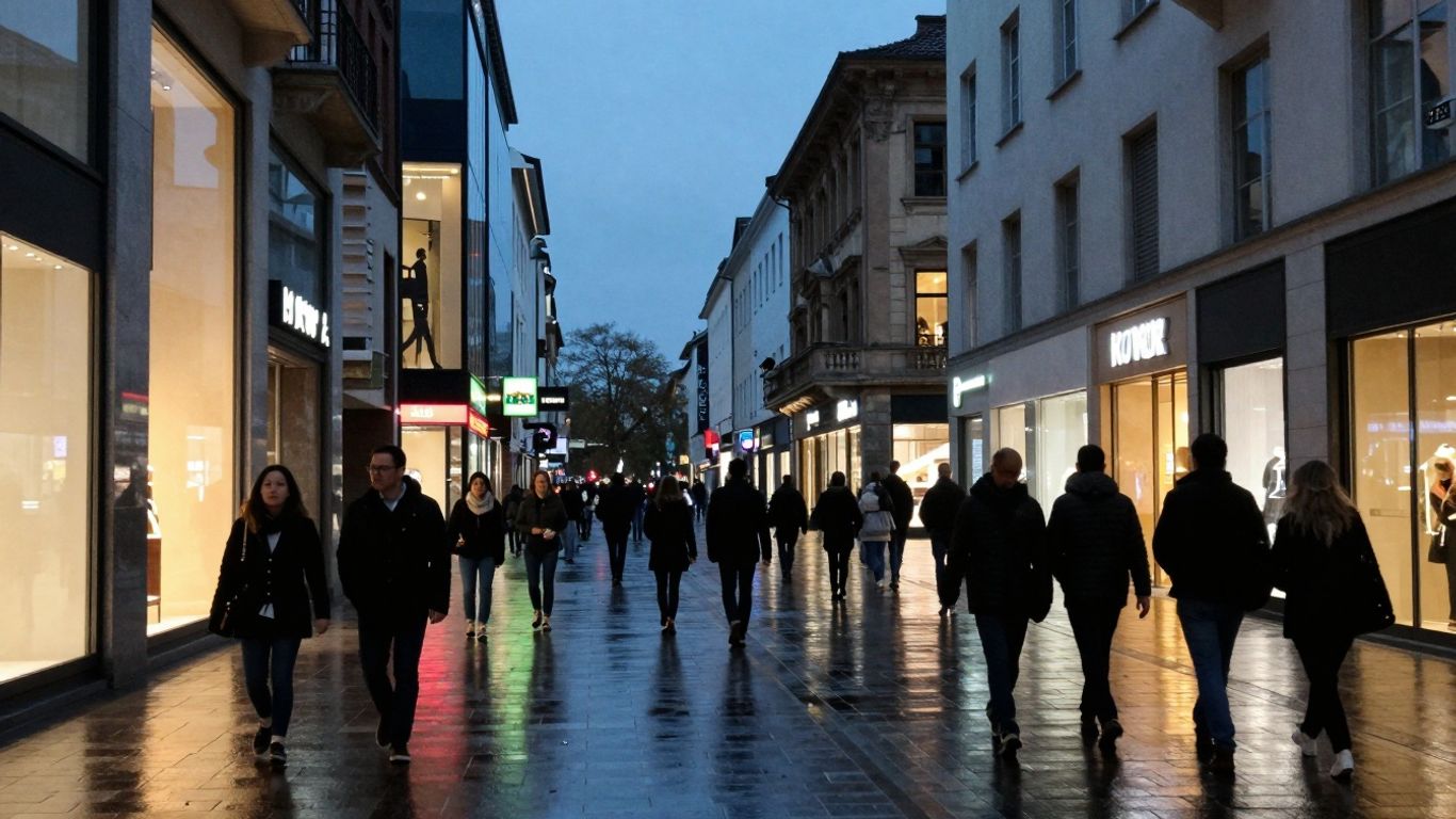 Europäische Stadt mit modernen Geschäften und Käufern